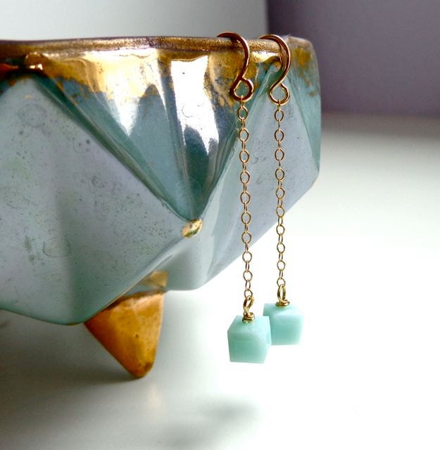 Mint Green Cube Earrings - Swarovski Crystal