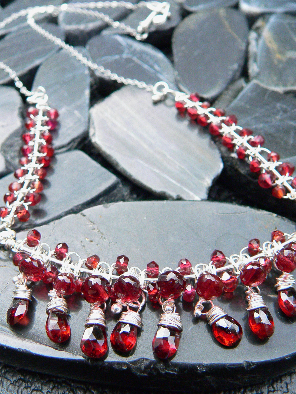 Red Garnet Statement Sterling Macrame Necklace - One of a Kind - Tagt