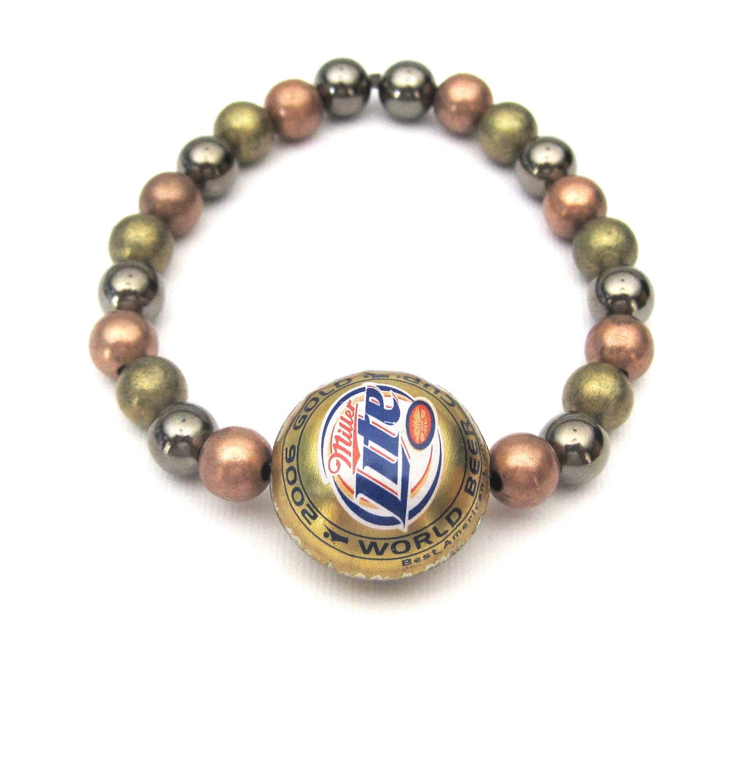 Repurposed Beer Bottlecap Stretch Stack Bracelet with antique gold, antique copper, and gunmetal beads