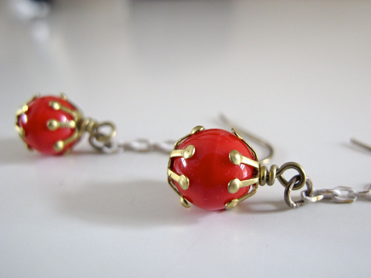 Red Earrings - vintage details - glass beads - white metal chain - By Corrieberry Pie