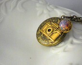 Vintage Bronze Camera Flower Opal  Botanical Mystical Power MarriageLocket Long Chain- VIRTUE SNAPSHOT