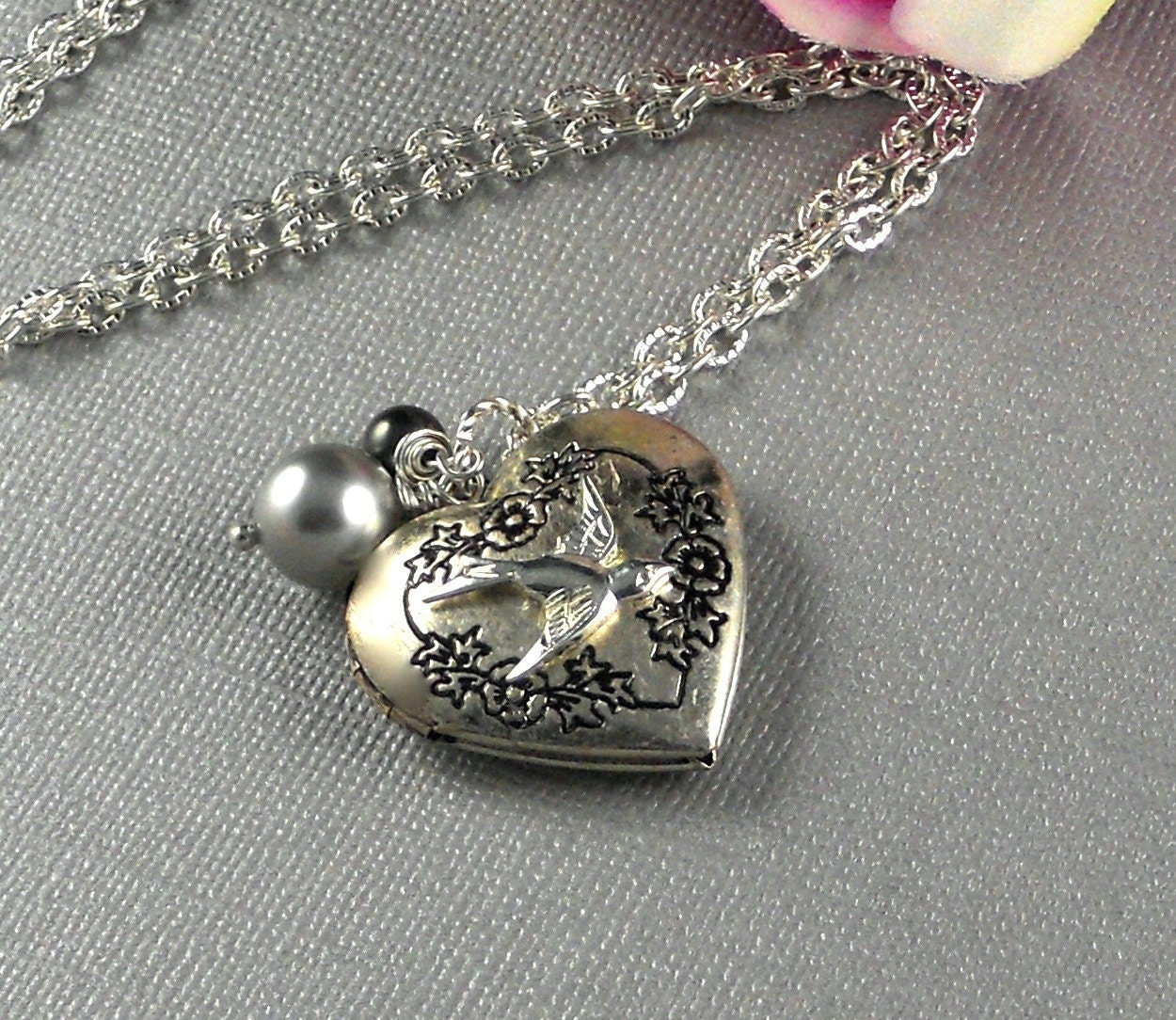 Vintage Inspired Silver Heart Shaped Locket Bird Sparrow Swarovski Pearl Locket Necklace