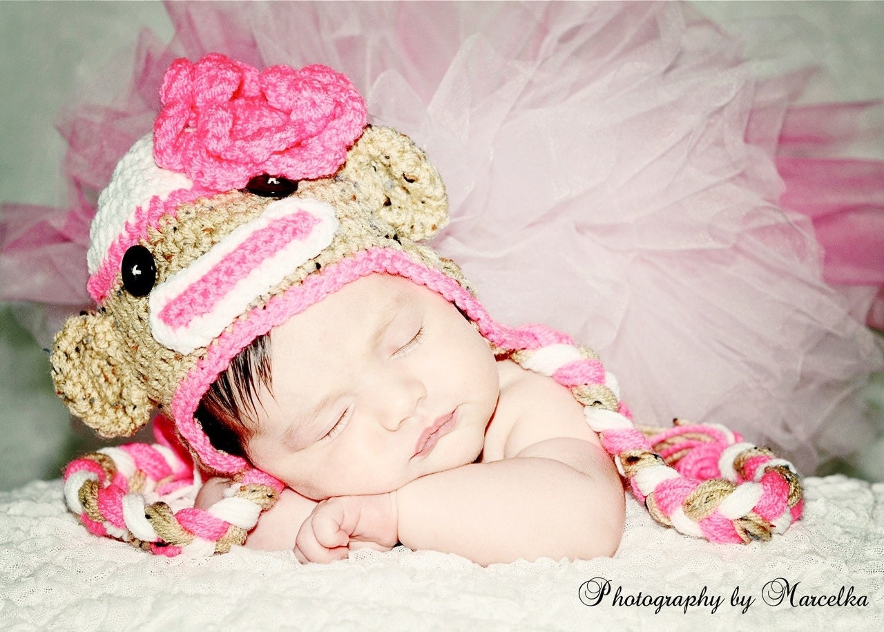 Baby Girl Hat Pink Sock Monkey Baby HAT Newborn 3m or 6m Size Crochet Baby Clothes Photo Prop So PRETTY