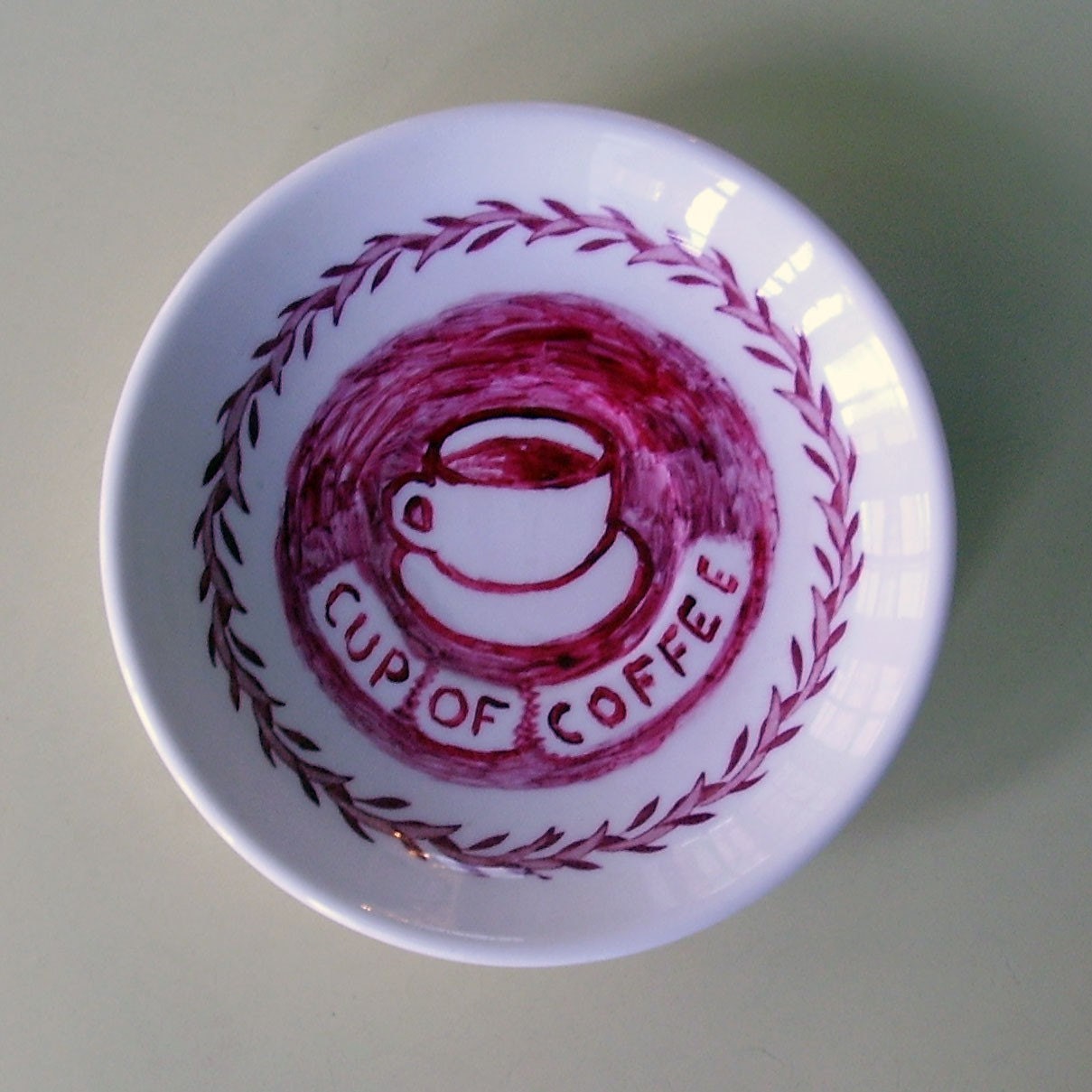 Cup of coffee china plate hand painted reworked