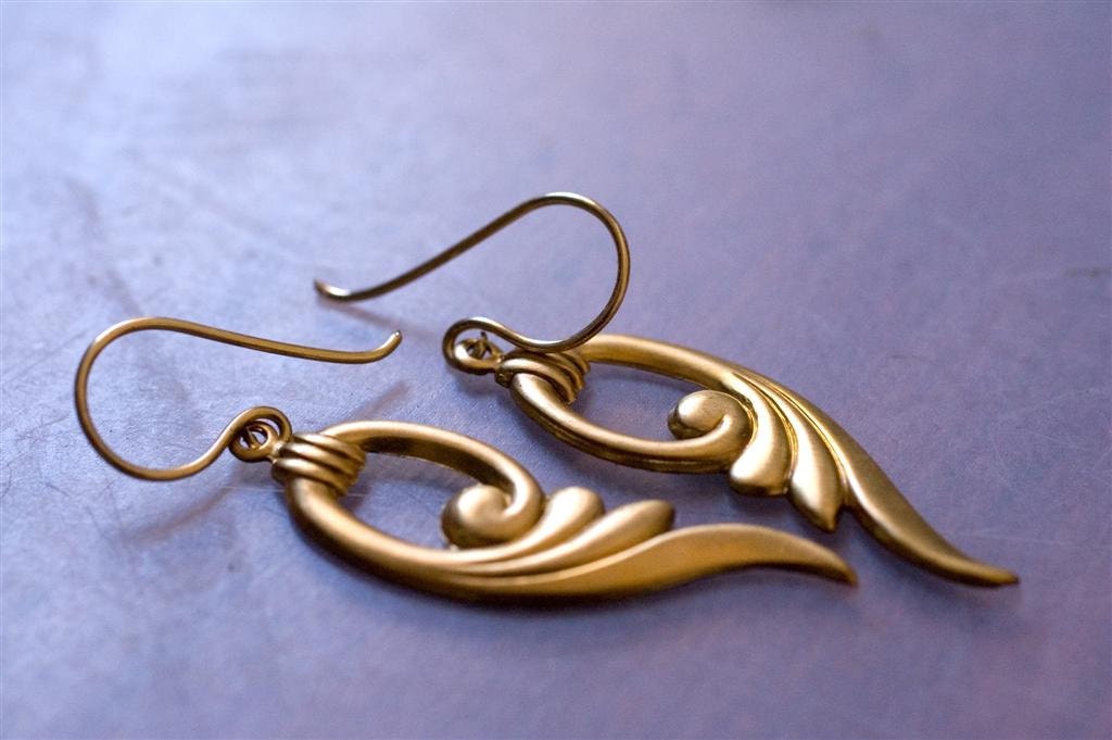 Art Deco Earrings in Raw Brass Gold Tone - Antique Gold Earrings - Vintage Inspired - Wings - Gift for her