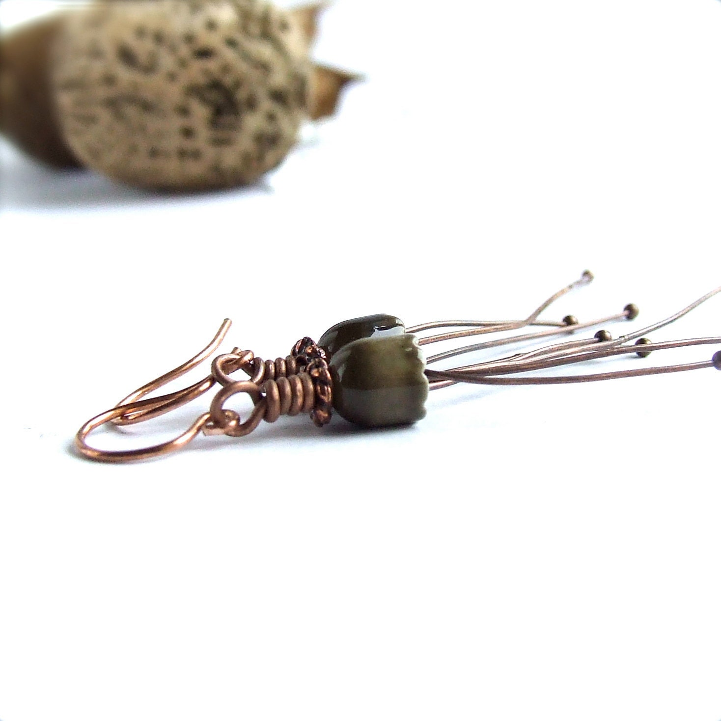 Smoky Olive Enamel Tulip, Copper Stamen- Beaded Earrings - Liliales -Jewellery