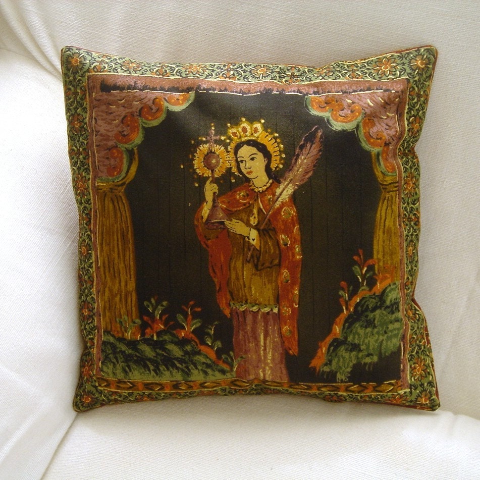 Pillow Cover - Saint in Latin American folkloric style, forest green