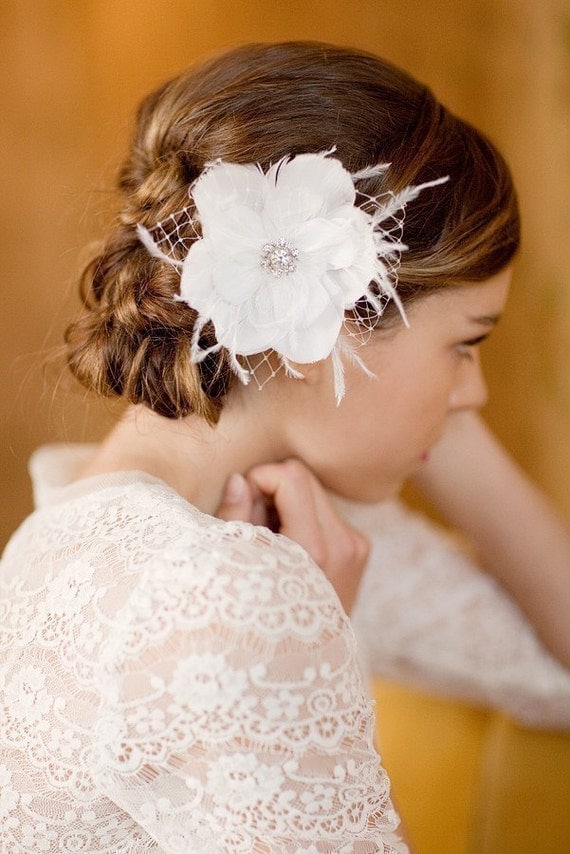 Bridal hair flower, feather hair piece, bridal hair peice, wedding head piece, fascinator, MAY, Made To Order,1 MONTH TURNAROUND