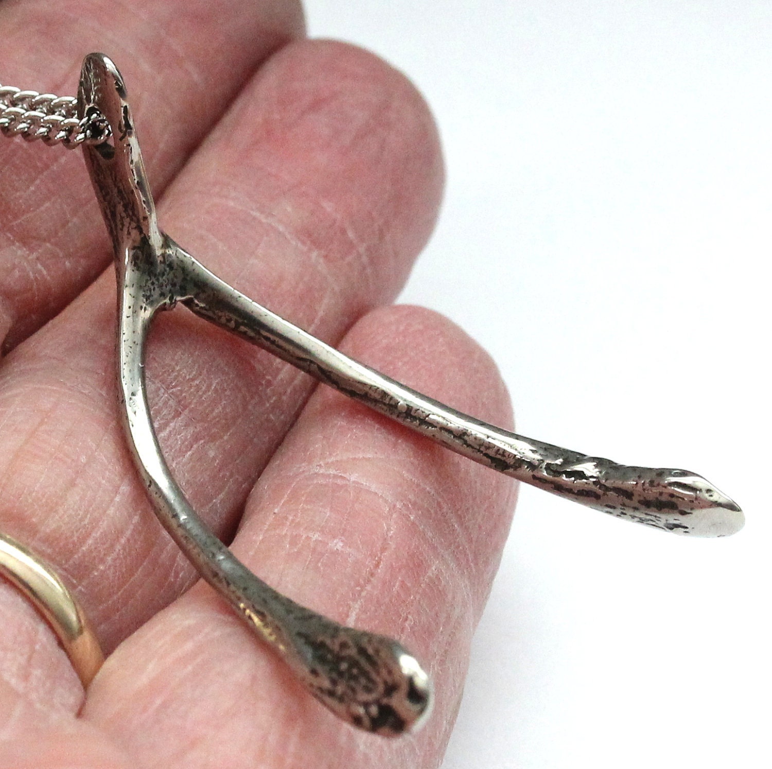 Silver Wishbone Pendant Necklace in Solid White Bronze