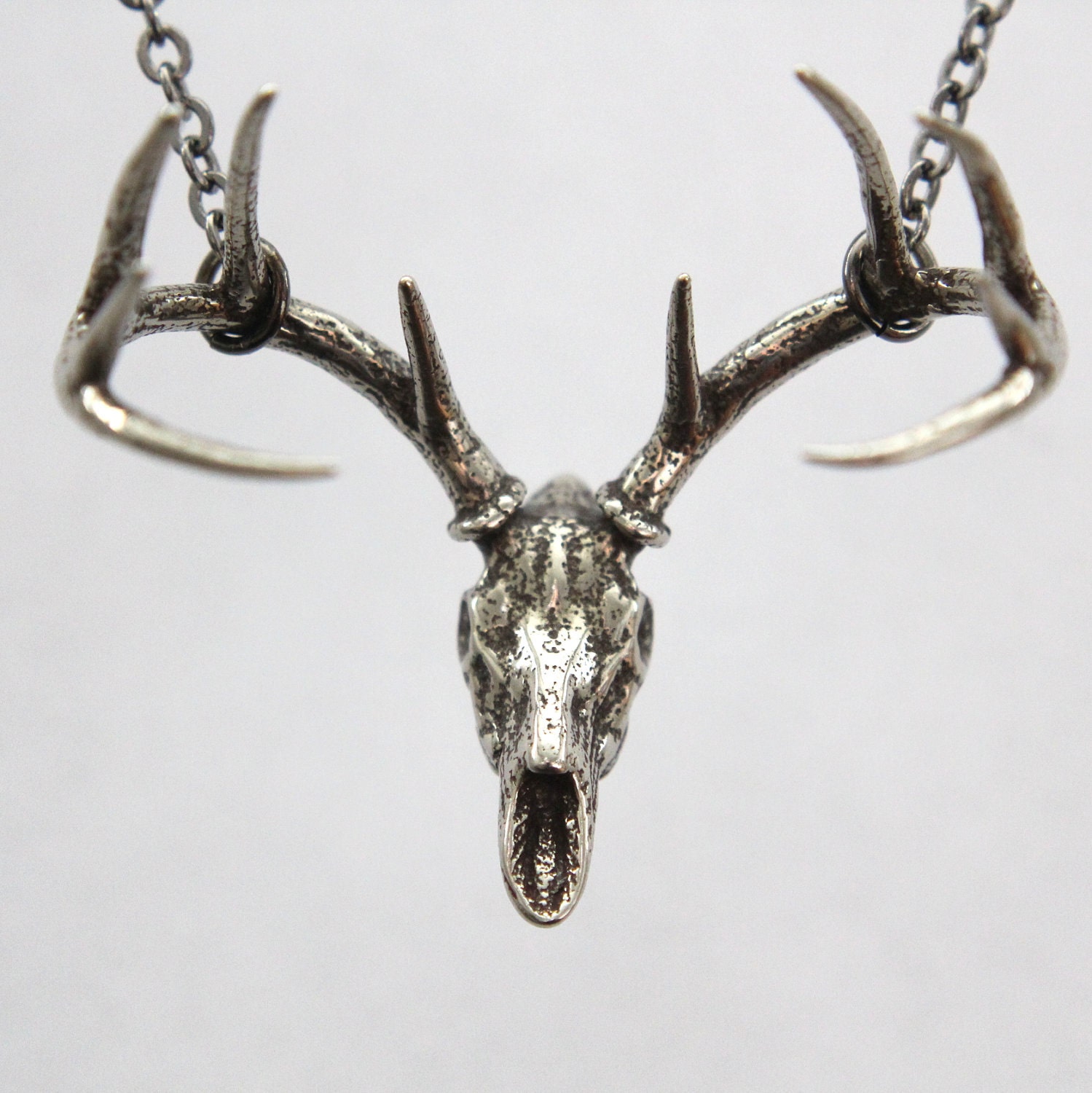 Trophy Stag Deer Skull Pendant Necklace in Solid White Bronze - Antler