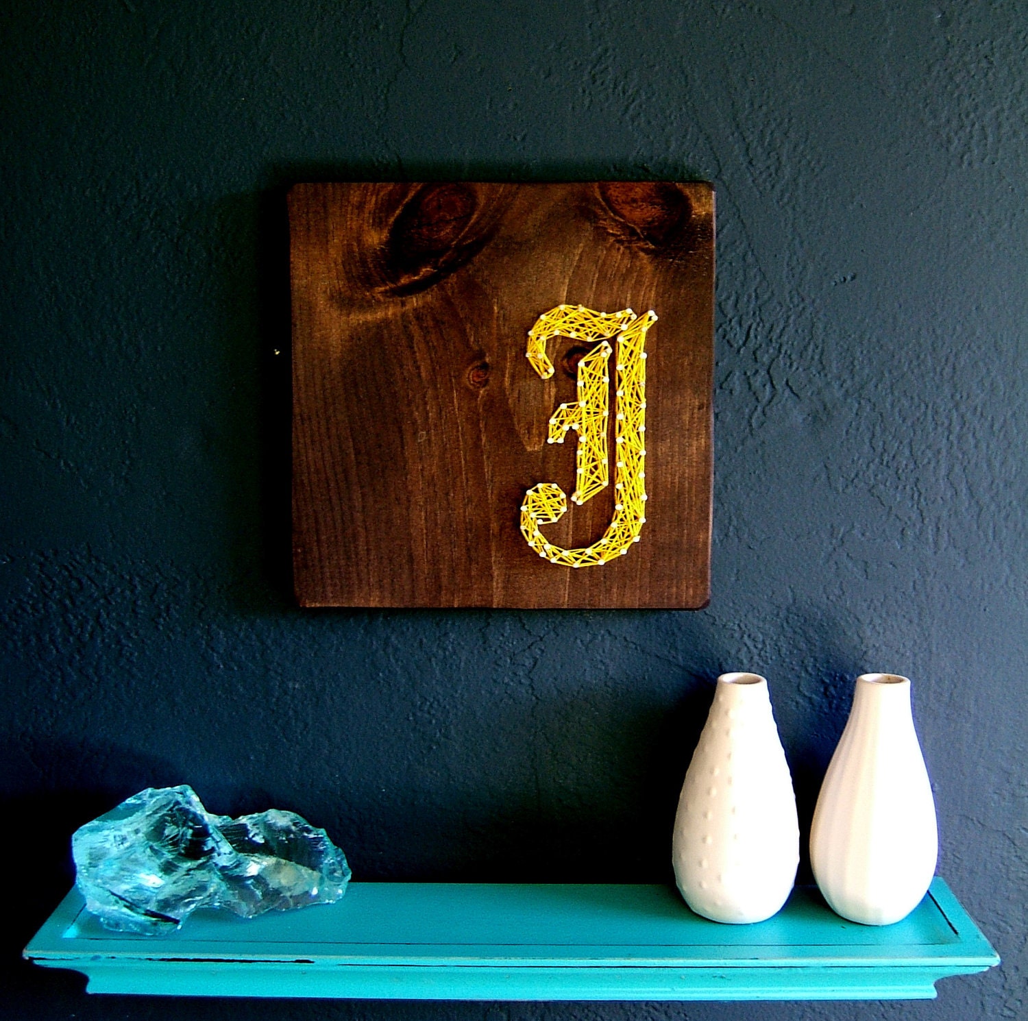 Modern String Art Wooden Tablet - Old English J in Gold on Espresso