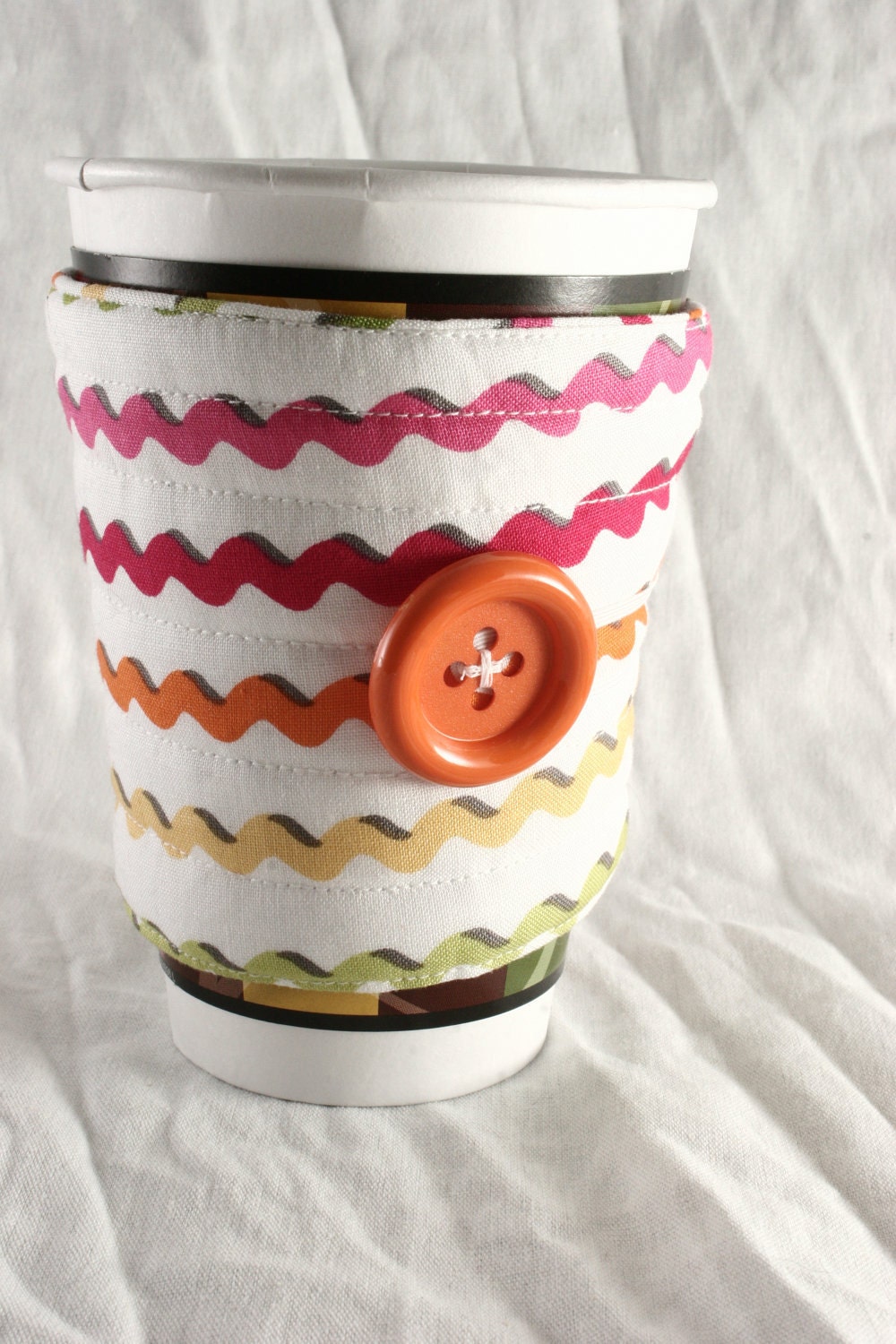 Coffee cup cozy, ric rack stripes coffee cup cozy, handmade quilted fabric coffee cozy zig zag Cozy of the week half off