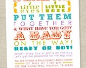 Rainbow Baby Shower Invitation - colorful words, gender neutral, coed (Printable Digital File OR Printed Cards)