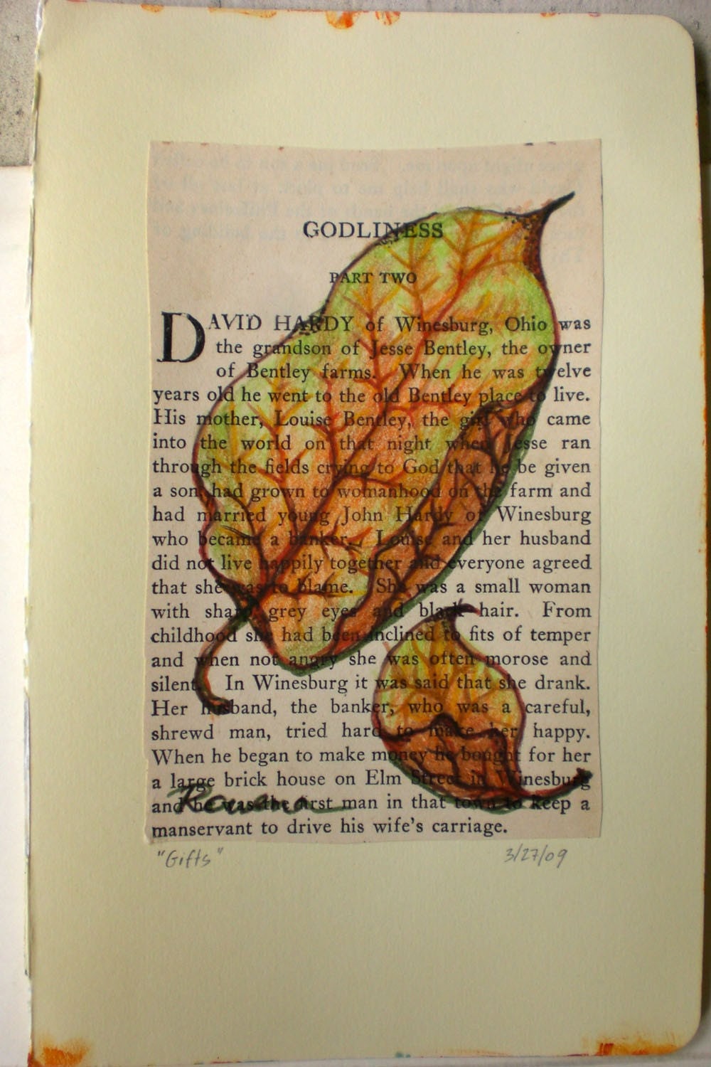 Gifts- Original Mixed Media Drawing on vintage book page