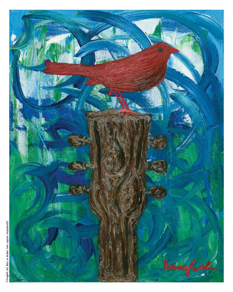 Red Bird on Guitar Print by binglishART