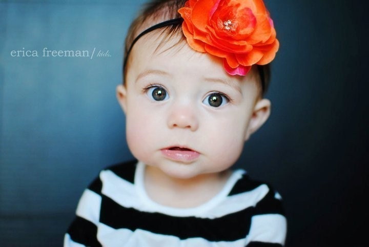 Fall Headband ORANGE n' Black BLoSSOM Silk Flower 5 Rhinestone Centers Boutique Style HEADBAND - BLACK Band - Fits Babies and Toddlers
