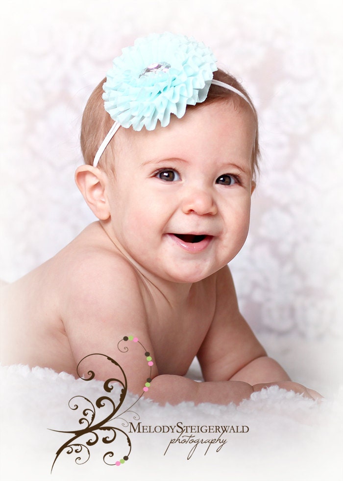 SKyY BLUE - ruffled CHIFFON - fabric flower HEADBAND with Rhinestone Gem Fits Babies and Toddlers girls