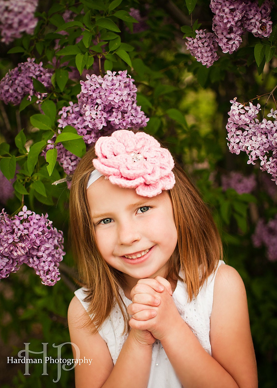 LIGHT PINK  Crocheted Flower HEADBAND - and MeGA Pearl n' Bling - fits babies and toddlers