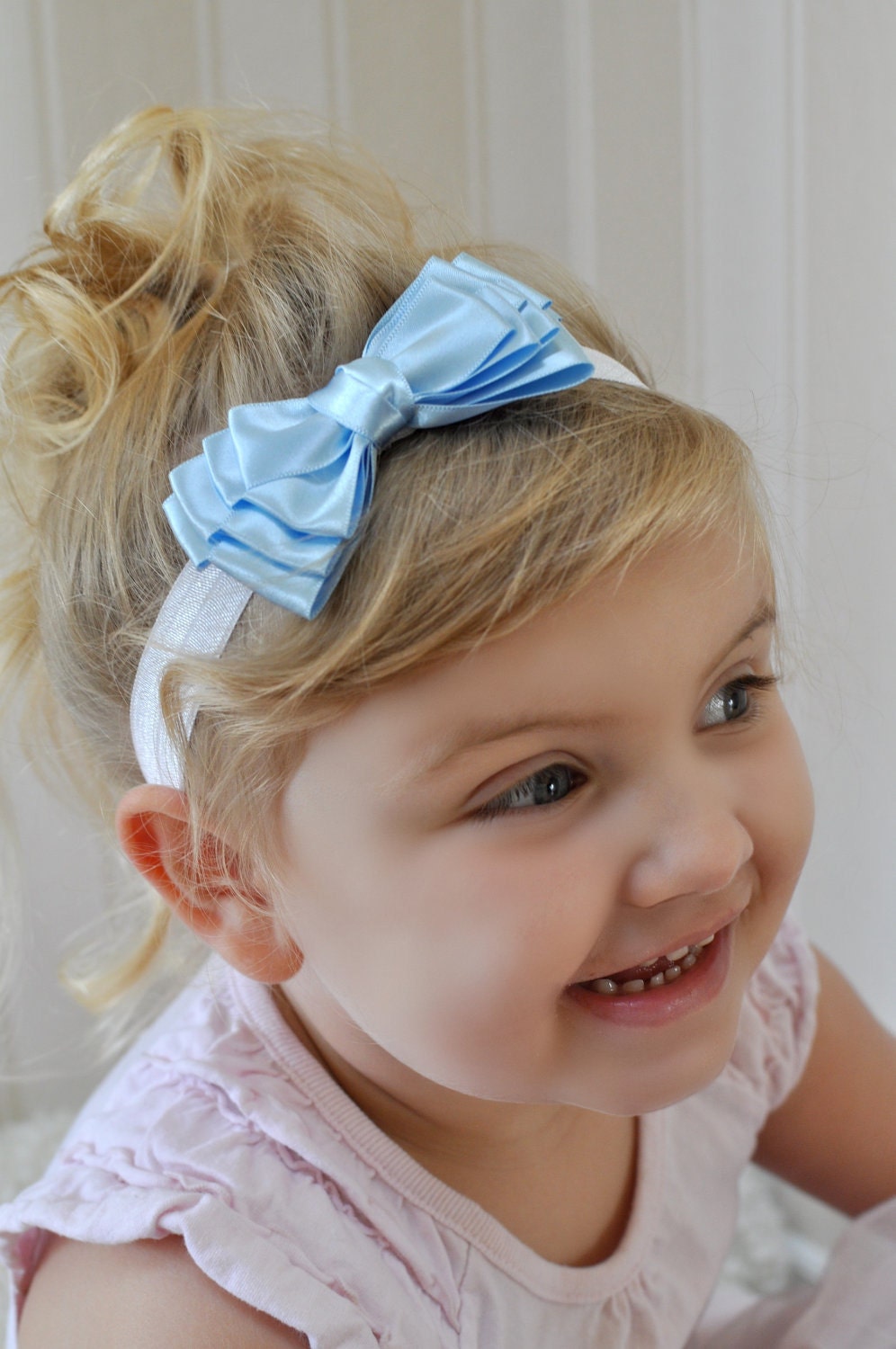 Light Blue CANCAN Pretty Satin Ribbon Hair Bow HEADBAND white band - Fits Babies and Toddlers Girls