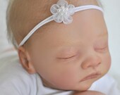 White Baby Baptism Headband Itty bitty Dainty Petite Small Pearls Infant Newborn preemie Hair Bow Photography Prop Boutique girls