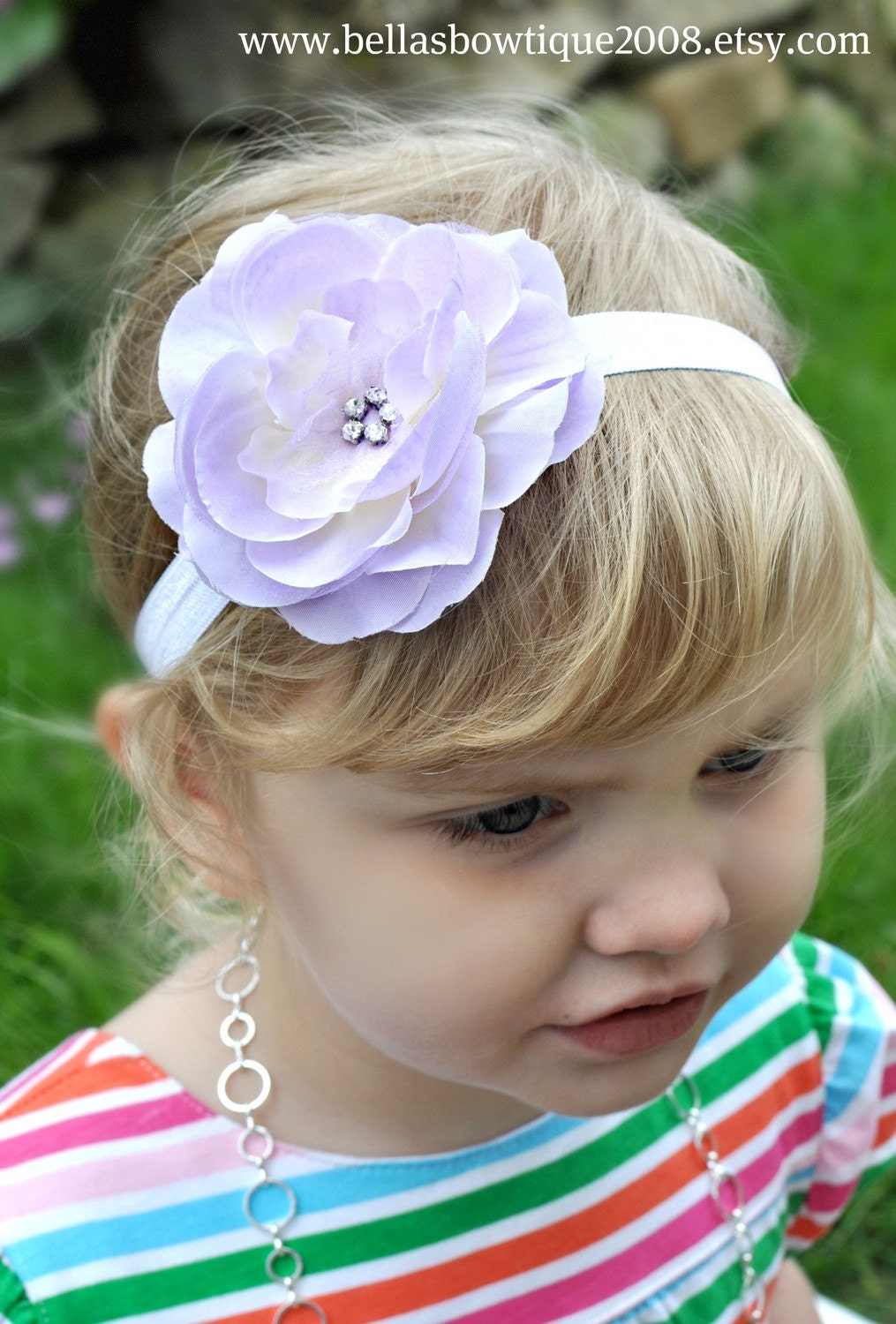 LILAC Silk Flower 5 Rhinestone Centers Boutique Style HEADBAND - White Band - Fits Babies and Toddlers