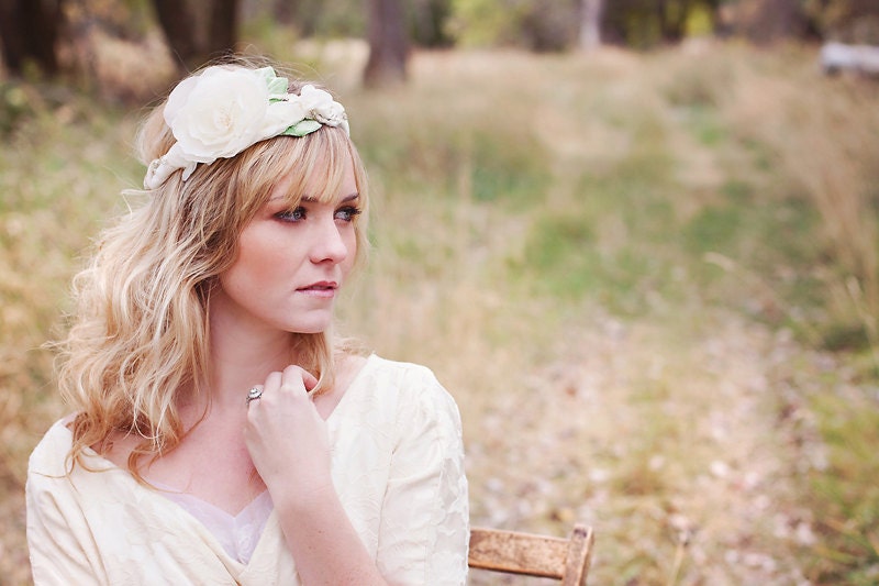 crown of Lovely  - flower bridal crown - wedding halo - handmade velvet leaves - wedding hair accessories - ivory - silver beading
