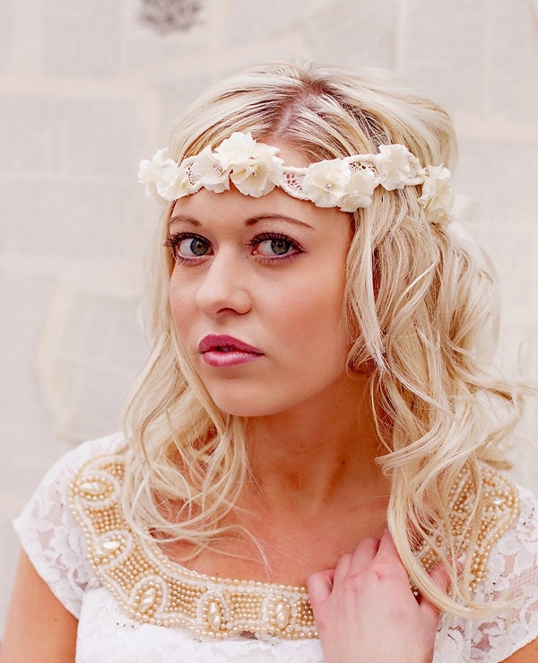 Ruffle Flower and Vintage Lace Wedding Halo Headband - Bridal head piece - wedding hair accessories - ivory and rhinestone flowers