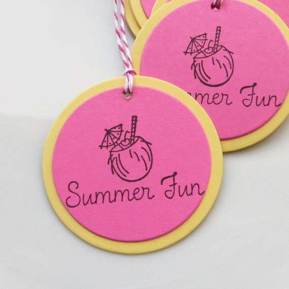 Summer Fun Tags Coconut Drink - Set of 6 - Custom Colors Available - Luau Party Summer Pool Party Tags Il_570xn