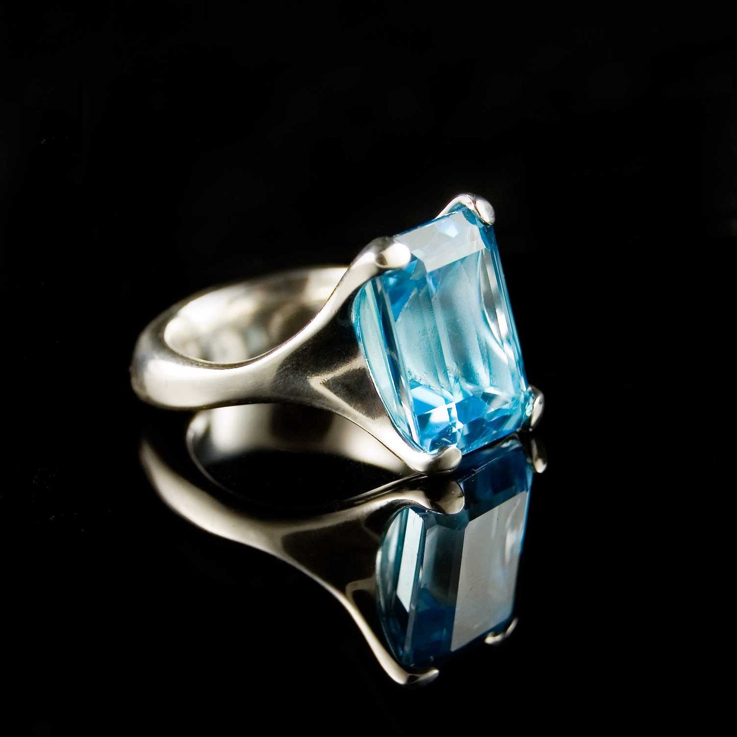 Emerald Cut Ring, Swiss Blue Topaz Rock in Paw Sterling Silver Octagon Cut Gemstone Solitaire