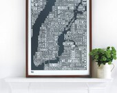 New York City Type Map in Sheer Slate - Decorative Screen Print