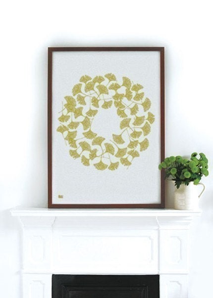 Ginkgo in yellow moss - decorative screen print