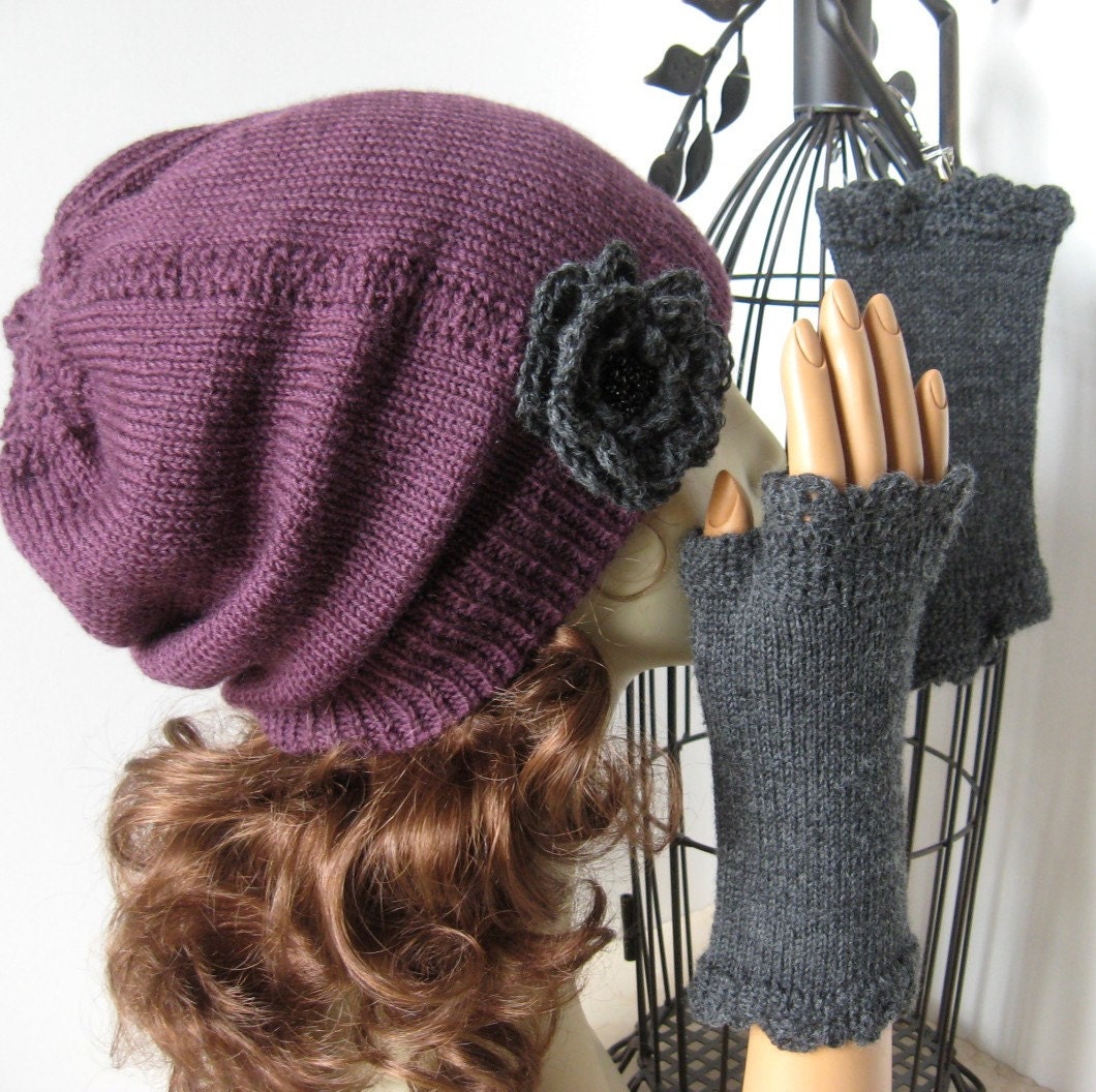 Wool Hat and Fingerless Gloves Lace Slouch Plum and Gray Winter Accessories Fall Hat - MaisondeTerre
