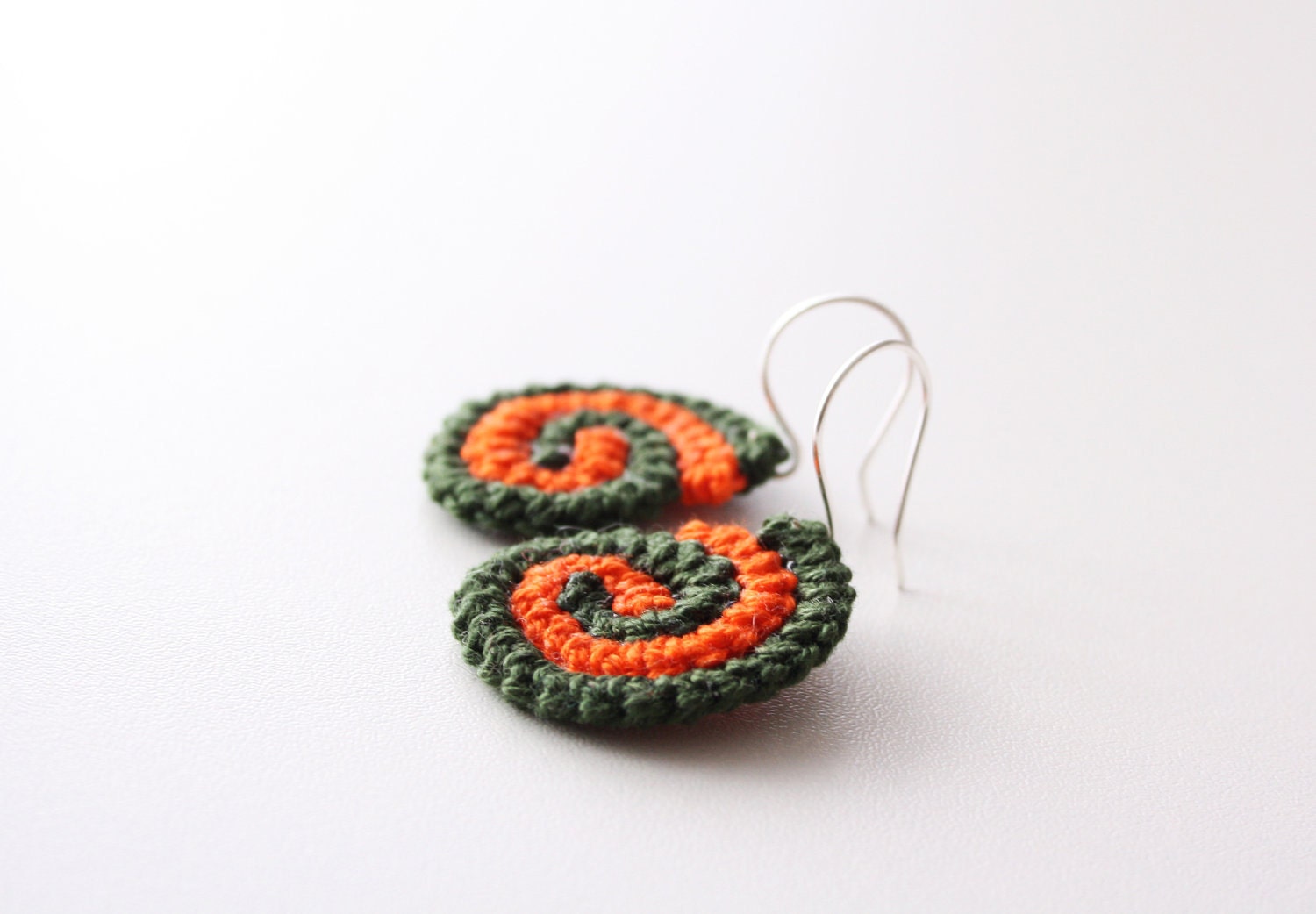 crochet carrot moss green, orange earrings - delicate earrings with sterling silver ear hook