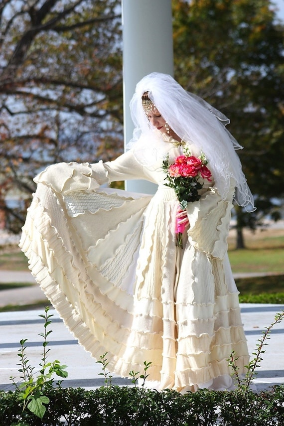 Custom Couture Bridal Wedding Coat- Upcycled Sweater Coat with a Medieval Liripipe Hood and Bell Sleeves by SnugglePants