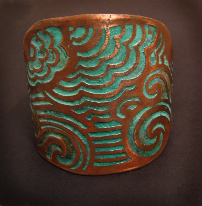 Etched Copper Cuff - Patina Land and Sea Design - Unisex - Bridal jewelry - handmade copper jewelry