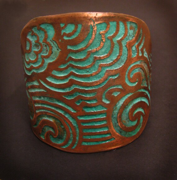 Etched Copper Cuff - Patina Land and Sea Design - Unisex - Bridal jewelry - handmade copper jewelry
