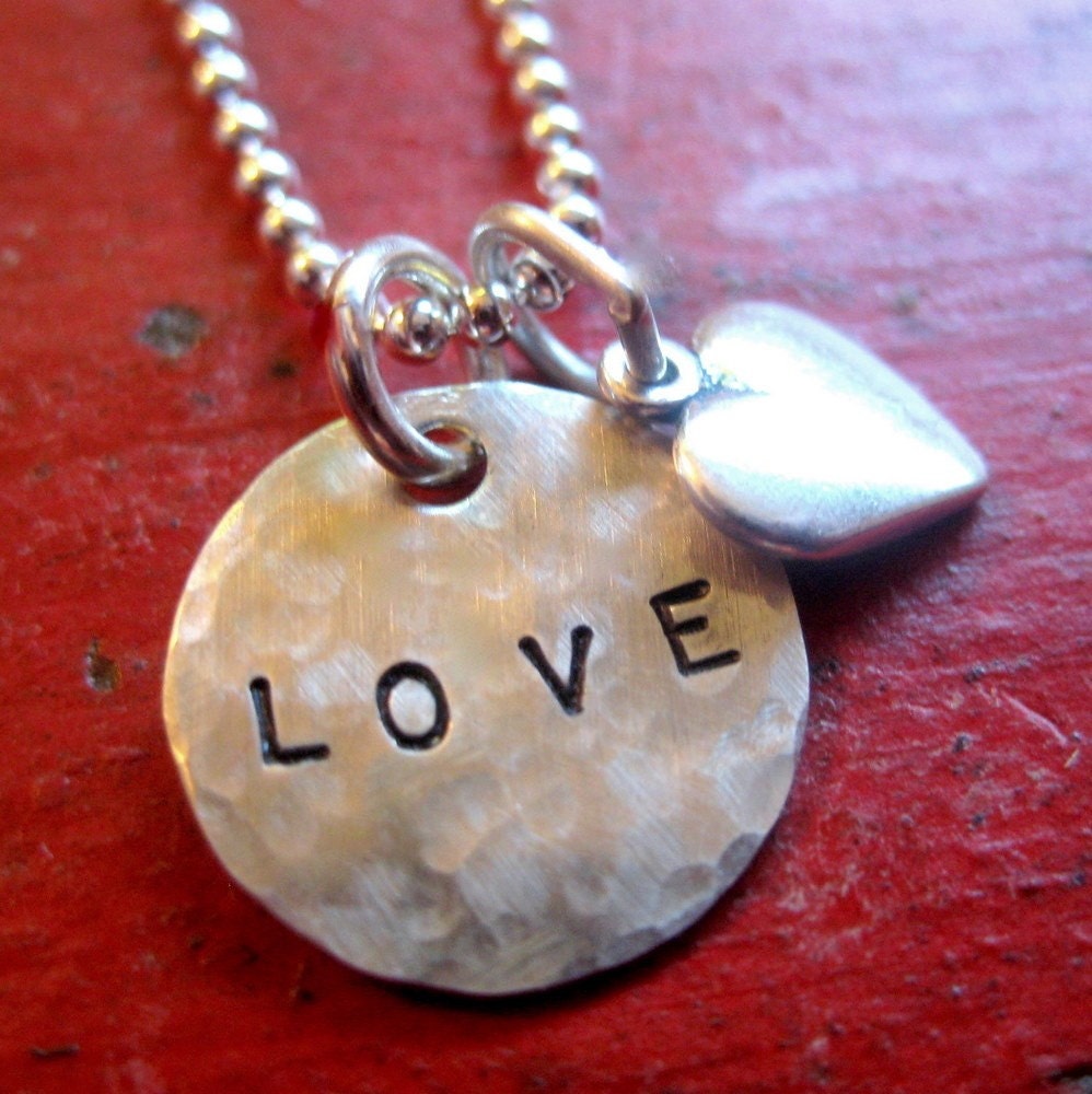 Heart Charm Necklace - Valentine's Day Gift - Personalized Heart Necklace - Solid Sterling Silver Heart Charm with 1/2" Handstamped Disc