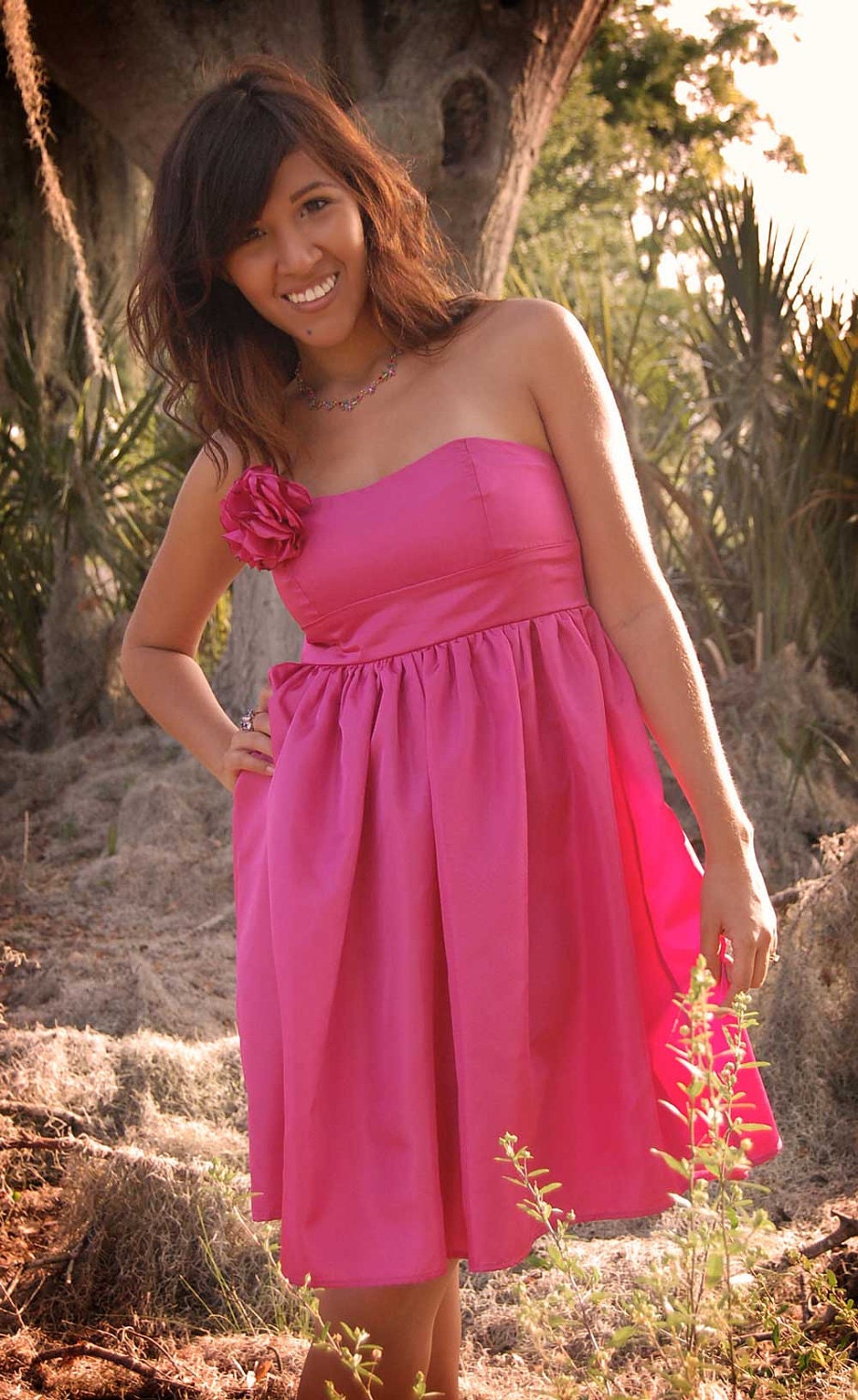 Claire Taffeta Lined Bridesmaid Dress with Gathered Skirt, Empire Waist, Strapless Sweetheart Neckline and Floral Brooch