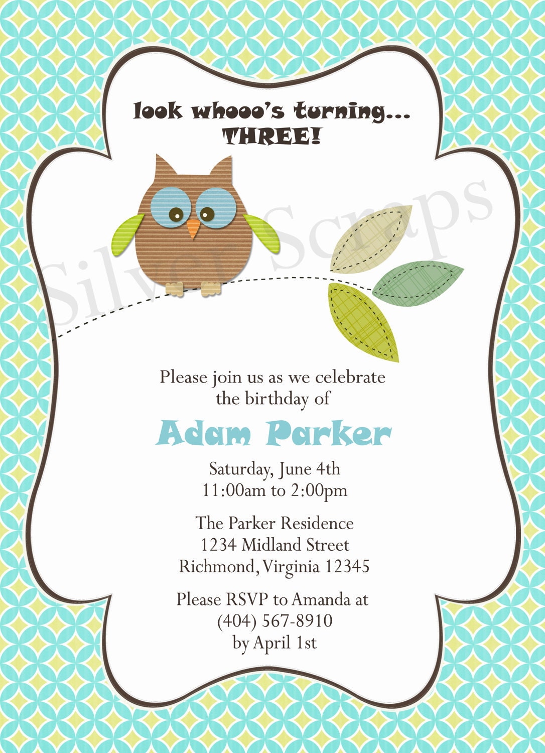 Look Whooo's Having a Birthday Custom Digital Boy Owl Invitation - Baby Shower Aqua Blue Green Brown Orange Teal - 5 Printable DIY Designs
