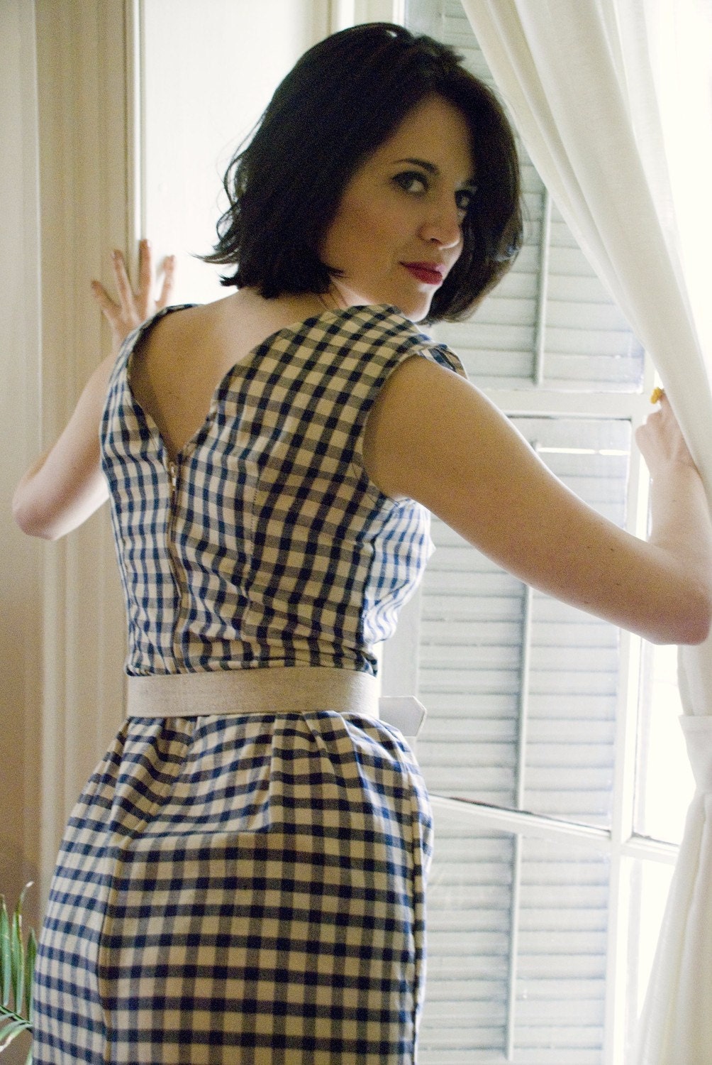 Sleeveless Gingham Dress- Fitted Vintage Inspired Dress in Navy Checks