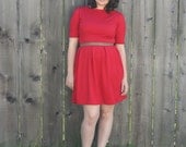 Long Sleeve Vintage Style Pleated Red Dress- 3/4 sleeve Jersey Dress