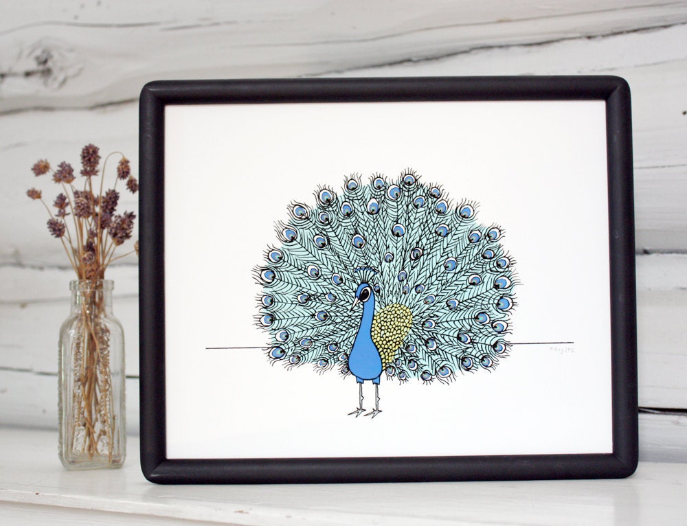 Peacock print. Pen and ink peacock drawing.