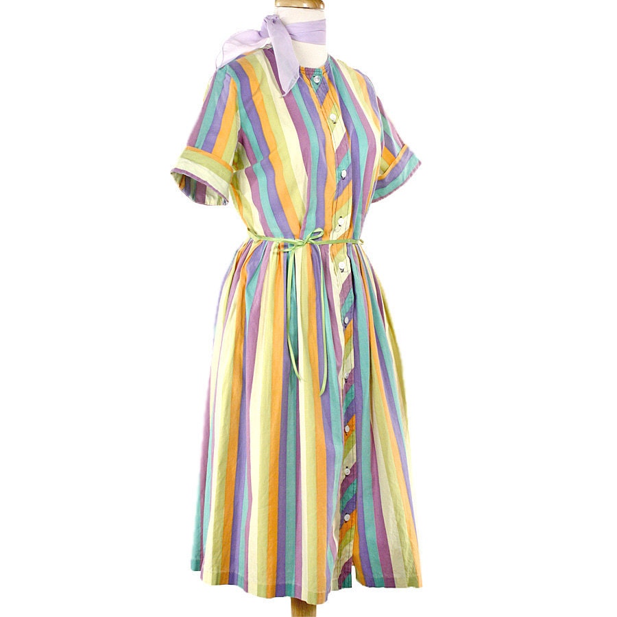 Sherbet Stripes - 50s Vintage Shirtwaist Dress - size Medium