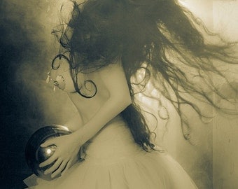 Mermaid with Golden Ball (black and white fashion burlesque 12x18 metallic mini poster) sexy, print, model, fashion photography