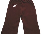 Organic chocolate Brown baby BIRD pants, white screenprint bird on backside, perfect baby boy and girl shower gift