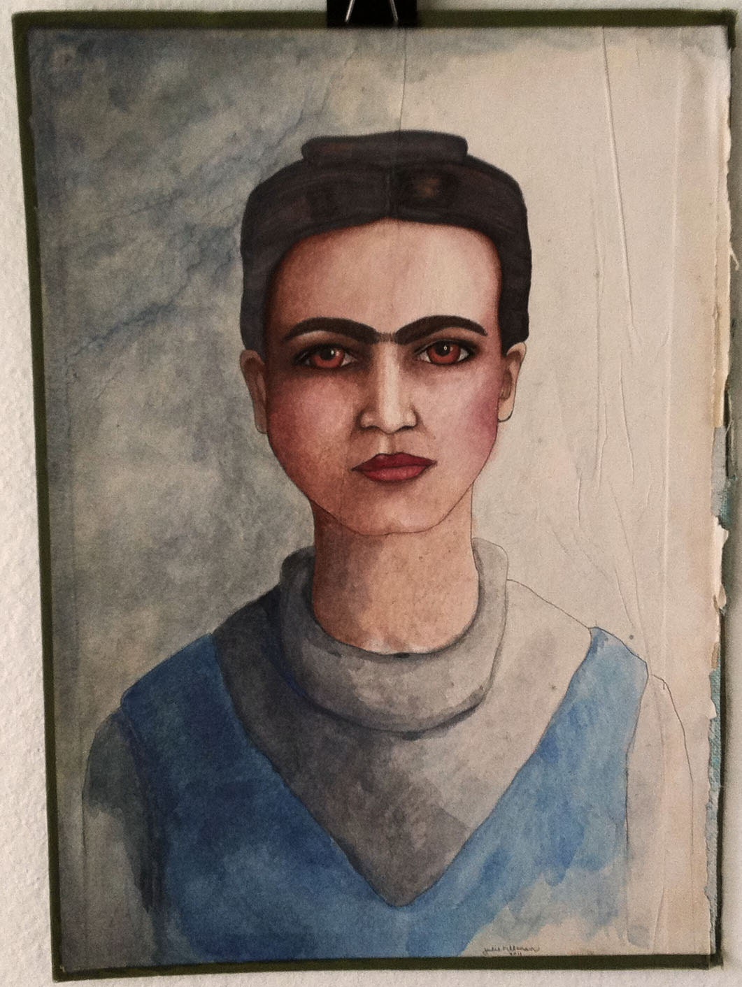 Frida Kahlo Original Painted Portrait on inside of a Vintage Book Cover
