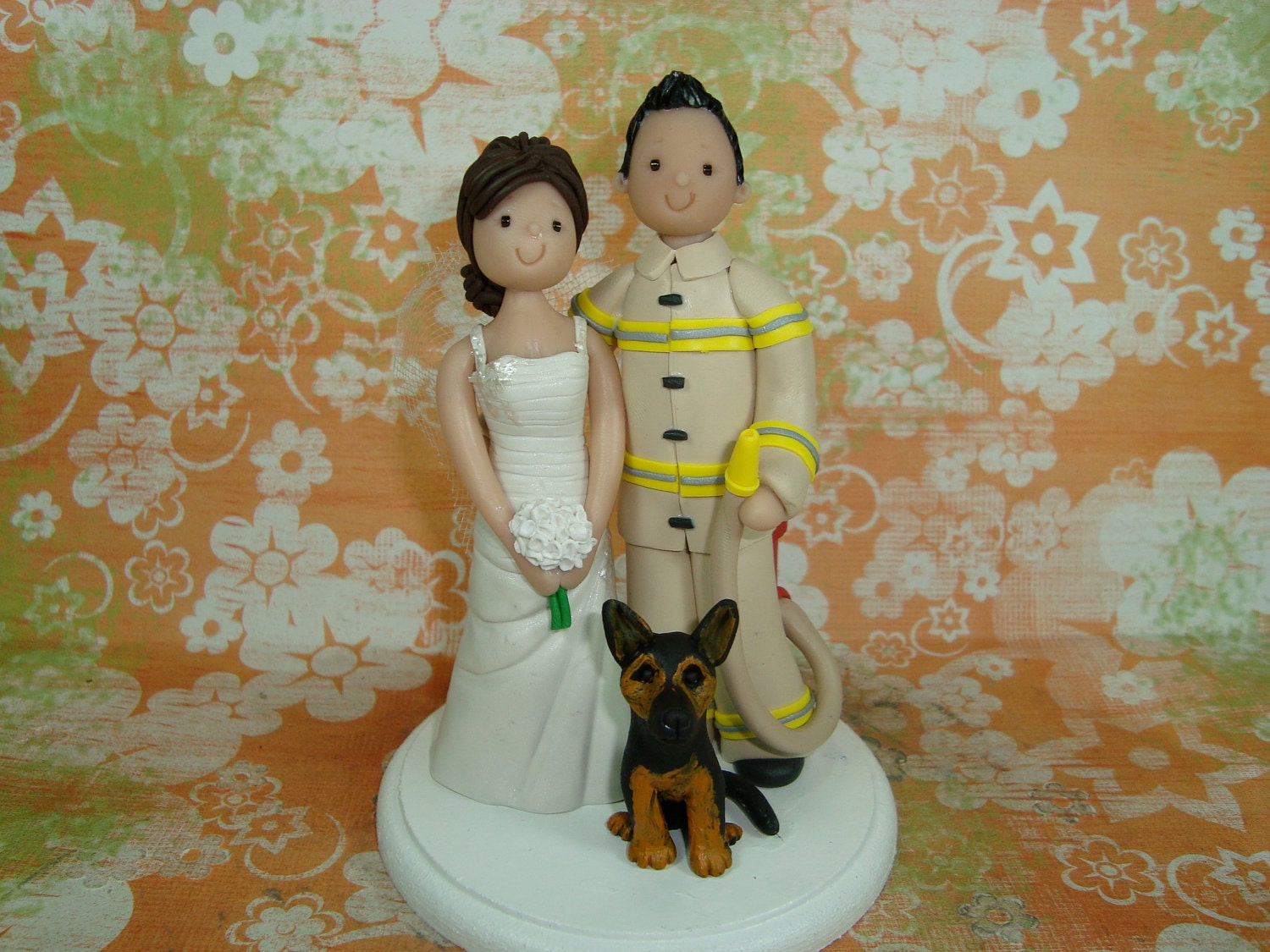 Customized Bride And Groom Firefighter with Pets Wedding Cake Topper