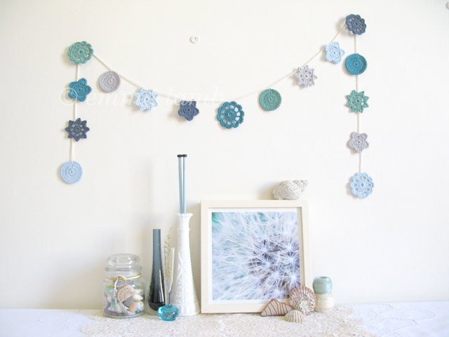 Nellie, coastal cottage chic, crochet flower garland in soothing ocean blues, nautical decor - Ready to ship, by Emma lamb