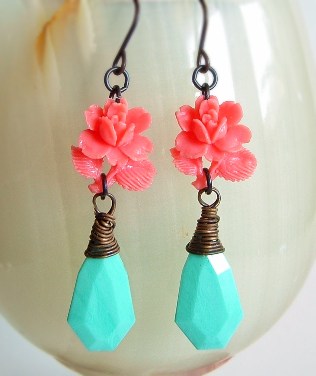 Pink Aqua Rose Earrings Vintage Carved Plastic Flower Turquoise Coral Dangle