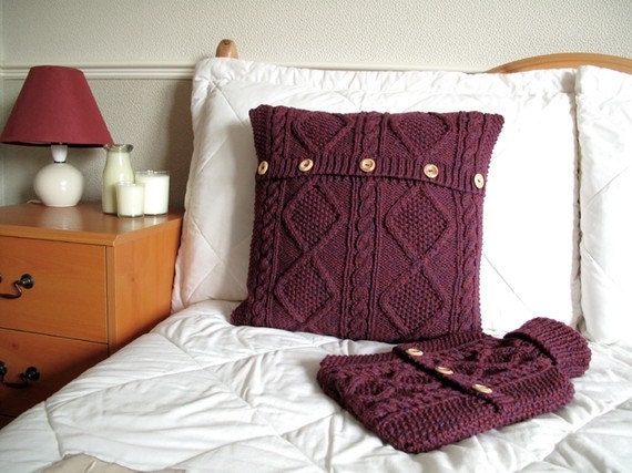 Bramble, rich purple bedroom set, traditional aran cushion cover with hot water bottle sweater,  gift set - READY TO SHIP